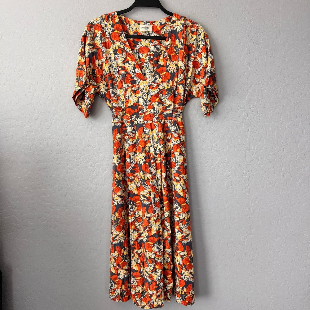 Porridge XS Midi Dress Orange Floral Flutter Sleeve V-Neck Tie Back Pockets